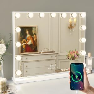 FENCHILIN Vanity Mirror with Lights, 22.8″x 18.1″ Hollywood Makeup Mirror with 15 LED Dimmable Bulbs Lighted Vanity Mirror with USB Charging Port 10X Magnification Tabletop for Bedroom