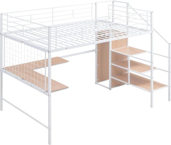 BIADNBZ Full Size Loft Bed with Desk and Grid, Stylish Metal Bedframe with Lateral Storage Ladder and Wardrobe, for Kids Teens Adults, White - Image 4