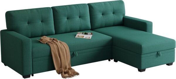 Upholstered Pull Out Sectional Sofa with Storage Chaise,Linen Loveseat w/Removable Back Cushions,Can Be Converted into a Twin Size Sleeper,for Guest Room,Living Room,82",Green - Image 7