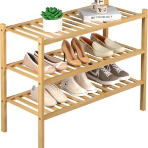 3 Tier Bamboo Shoe Rack for Closet Free Standing Wood Shoe Shelf Storage Organizer for Entryway Small Space Stackable 27″x11″x20″ (Natural)