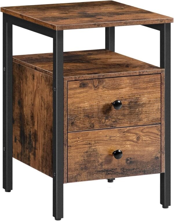 HOOBRO Nightstand, Bedside Table with 2 Drawers and Storage Shelves, Side End Table, Sofa Table for Living Room, Bedroom, Accent Furniture, Easy Assembly, Rustic Brown and Black BF43BZ01G2