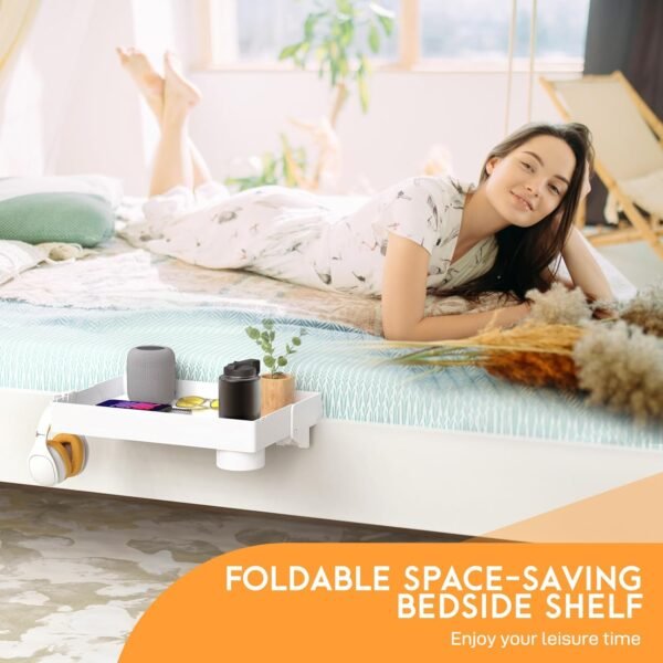 SPACELEAD Bedside Shelf for Bed, College Dorm Room Clip On Nightstand with Cup Holder & Cord Holder -Tray Table Caddy for Students, Bunk Bed Shelf for Organizer Top for Bedroom (White，Plastic) - Image 5