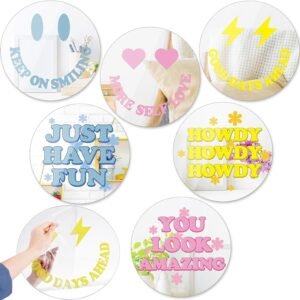 Queekay 12 Inch Smiling Face Mirror Set of 6 Preppy Room Decor for Teen Girls Aesthetic Preppy Round Acrylic Wall Mirror with Encouraging Sentence Stickers Funky Pink Room Bedroom Decor