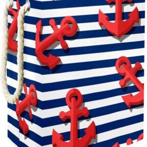 Laundry Basket With Handles Waterproof Collapsible Laundry Hamper For Storage Bins Kids Room Home Organizer Nautical Ocean Stripe Red Anchor , 19.3×11.8×15.9 In, Multicolor