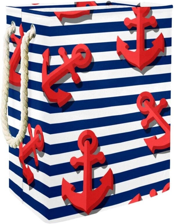 Laundry Basket With Handles Waterproof Collapsible Laundry Hamper For Storage Bins Kids Room Home Organizer Nautical Ocean Stripe Red Anchor , 19.3x11.8x15.9 In, Multicolor