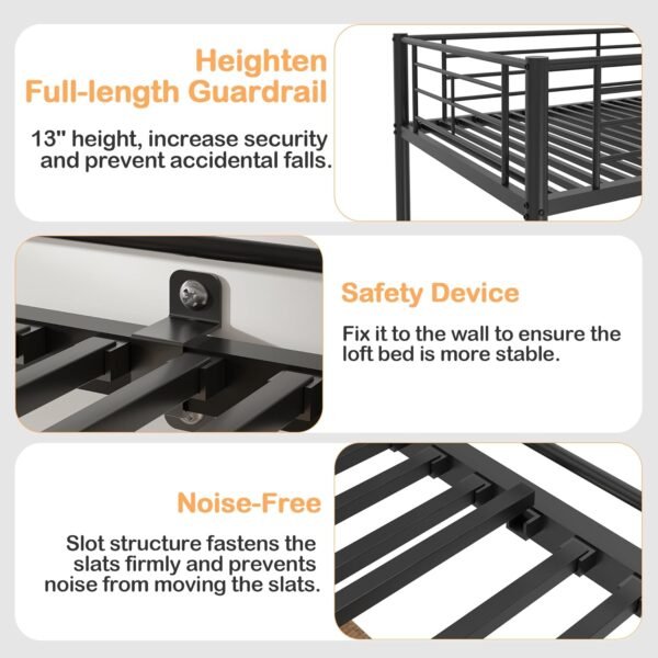 VECELO Loft Bed Twin Size with Desk, Metal Bedframe with Removable Ladder and Safety Guardrail, No Box Spring Needed, Space Saving, Noise Free, Black - Image 4