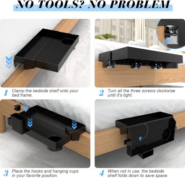 Ronlap Folding Bedside Shelf, Bunk Bed Shelf Organizer for Top Bunk Clip On Nightstand for Loft Bed Plastic Bedside Shelf Tray for Kids with Cupholder Hooks Hanging Cup, Small Size, Black - Image 5