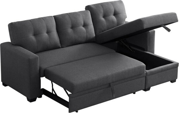 MMTGO Corner Pull Out Sleeper Sofa, with Storage Chaise and Arms, L-Shape Reversible Linen Sectional-Couch for Apartment, Living Room, Home Furniture, 82, Gray - Image 5