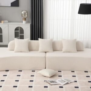 130.5″*37″ Modern Curved Combination Sofa with Terrycloth Fabric,3 Pillows Minimalist Sofa Couch for Primary Living Space, Living Room, Apartment, Office, Bedroom(Beige)