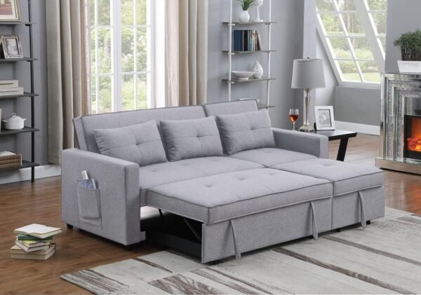 SONGG 80'' L-Shape Convertible Sleeper Sectional Sofa with Recliner, Pull-Out Bed, Side Pocket and Tufted Cushions, 3 Person Linen Corner Couch forLiving Room, Apartment, Offce, 80, Light Gray - Image 2