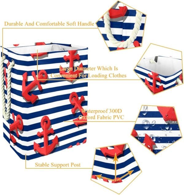Laundry Basket With Handles Waterproof Collapsible Laundry Hamper For Storage Bins Kids Room Home Organizer Nautical Ocean Stripe Red Anchor , 19.3x11.8x15.9 In, Multicolor - Image 5
