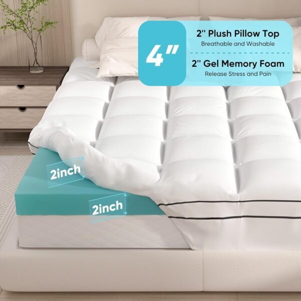 Twin XL Mattress Topper, 39x80 inch, Pillow Top, Washable, White - Image 2