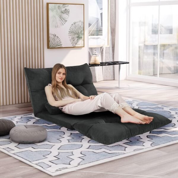Harper & Bright Designs Adjustable Floor Sofa Couch with 2 Pillows, Foldable Lazy Sofa Sleeper Bed for Reading Gaming Sleeping(Black) - Image 3