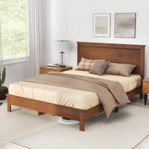 Giantex Wood Queen Platform Bed Frame with Headboard, Mid Century Bed Frame with Solid Wood Legs & Wooden Slat Support, No Box Spring Needed, Walnut Bed