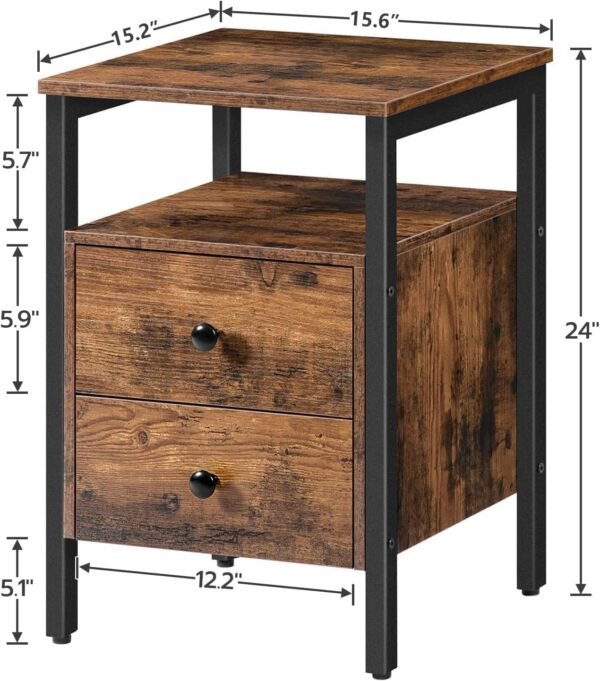 HOOBRO Nightstand, Bedside Table with 2 Drawers and Storage Shelves, Side End Table, Sofa Table for Living Room, Bedroom, Accent Furniture, Easy Assembly, Rustic Brown and Black BF43BZ01G2 - Image 3
