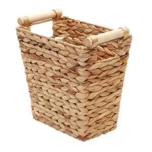 Woven Water Hyacinth Storage Basket Wastebasket Straw Storage Basket Decorative Storage Basket with Wood Handles for Kitchen, Home, Office, Craft, Laundry, Utility Room