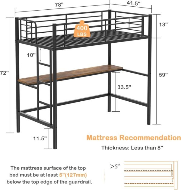 VECELO Loft Bed Twin Size with Desk, Metal Bedframe with Removable Ladder and Safety Guardrail, No Box Spring Needed, Space Saving, Noise Free, Black - Image 2