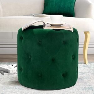 Asense Modern Round Velvet Ottoman Foot Rest Stool Upholstered Padded Make-up Vanity Stool Extral Seat (Green)