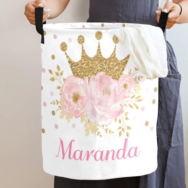 Personalized Freestanding Laundry Hamper, Custom Waterproof Collapsible Drawstring Basket Storage Bins with Handle for Clothes Crown Pink - Image 2