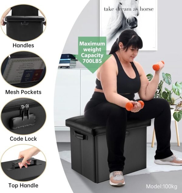DocSafe Storage Ottoman with Lock,Fireproof Folding Ottoman Foot Rest Stool Storage Chest with Storage Safe for Important Documents,Waterproof 17 Inches Short Ottoman Foot Stool with Handles,Black - Image 6