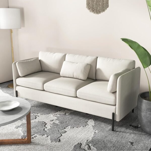 LINLUX 70”W Sofa Couch, 3 Seater Couches for Living Room, Comfy Sofas w/3 Pillows and Iron Legs, Fabric Sofa for Small Spaces, Bedroom, Office, Beige