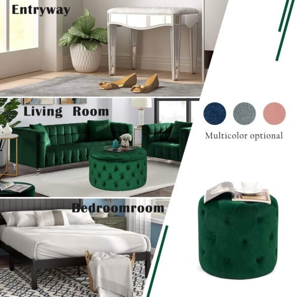 Asense Modern Round Velvet Ottoman Foot Rest Stool Upholstered Padded Make-up Vanity Stool Extral Seat (Green) - Image 7