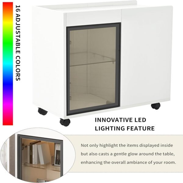 Modern End Table Side Table with Wheels, Narrow End Table with Transparent Brown Glass Door, 2 Storage Shelves and Drawers, Versatile Nightstand for Living Room (White * 121) - Image 6