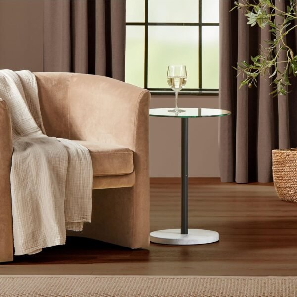 mDesign Glass Top Side/End Drink Table - Tall Modern Round Accent Metal Nightstand Furniture for Living Room, Dorm, Home Office, and Bedroom - 16" Round - Clear/Matte Black/White Marble Print - Image 2