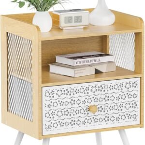 Nightstand, Bedside Table with Metal Drawers, End Table with Open Shelf, 2-Tier Open Adjustable Metal Floral Drawer Night Stand for Sofa Side Table, Bedroom Bedside Table, Maple White