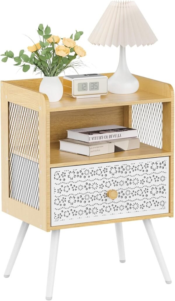 Nightstand, Bedside Table with Metal Drawers, End Table with Open Shelf, 2-Tier Open Adjustable Metal Floral Drawer Night Stand for Sofa Side Table, Bedroom Bedside Table, Maple White