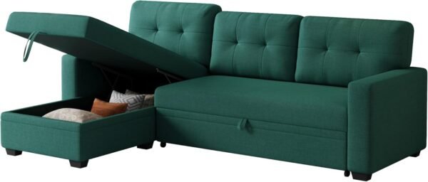 Upholstered Pull Out Sectional Sofa with Storage Chaise,Linen Loveseat w/Removable Back Cushions,Can Be Converted into a Twin Size Sleeper,for Guest Room,Living Room,82",Green - Image 8