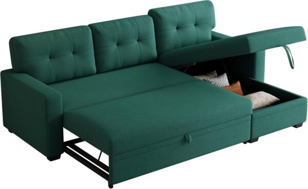 Upholstered Pull Out Sectional Sofa with Storage Chaise,Linen Loveseat w/Removable Back Cushions,Can Be Converted into a Twin Size Sleeper,for Guest Room,Living Room,82",Green - Image 5