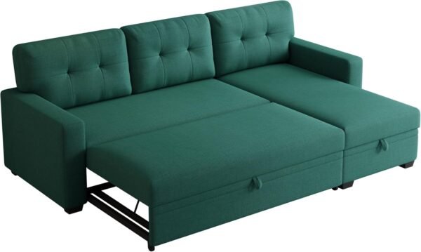 Upholstered Pull Out Sectional Sofa with Storage Chaise,Linen Loveseat w/Removable Back Cushions,Can Be Converted into a Twin Size Sleeper,for Guest Room,Living Room,82",Green - Image 4