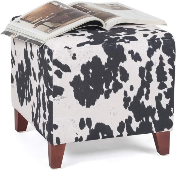 Square Footrest Ottoman Stool Seat with Linen Fabric and Non-Skid Wooden Legs, Black Cow - Image 8