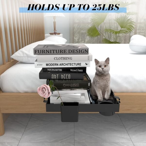 Ronlap Folding Bedside Shelf, Bunk Bed Shelf Organizer for Top Bunk Clip On Nightstand for Loft Bed Plastic Bedside Shelf Tray for Kids with Cupholder Hooks Hanging Cup, Small Size, Black - Image 3