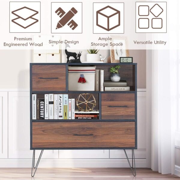 Tangkula 3-Tier Storage Cabinet, Wood File Cabinet with Drawers & 4 Metal Legs, Free Standing Display Bookshelf, Storage Bookcase for Home Office - Image 8
