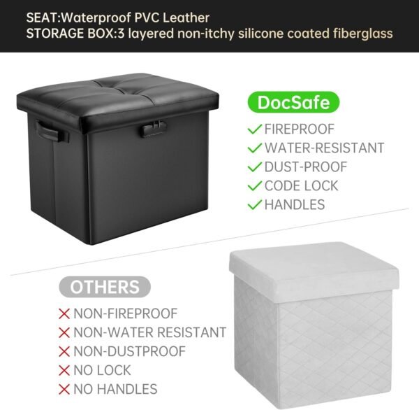DocSafe Storage Ottoman with Lock,Fireproof Folding Ottoman Foot Rest Stool Storage Chest with Storage Safe for Important Documents,Waterproof 17 Inches Short Ottoman Foot Stool with Handles,Black - Image 8