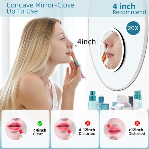 20X Magnifying Mirror with Light, Large 6'' Magnifying Makeup Mirror with LED Lighted 20X Magnification Mirror, 20X High Magnifying Mirror, 20X Travel Magnified Mirror with 3 Color Light & Suction Cup - Image 3