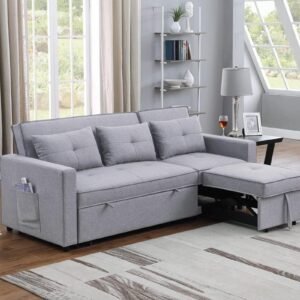 SONGG 80” L-Shape Convertible Sleeper Sectional Sofa with Recliner, Pull-Out Bed, Side Pocket and Tufted Cushions, 3 Person Linen Corner Couch forLiving Room, Apartment, Offce, 80, Light Gray