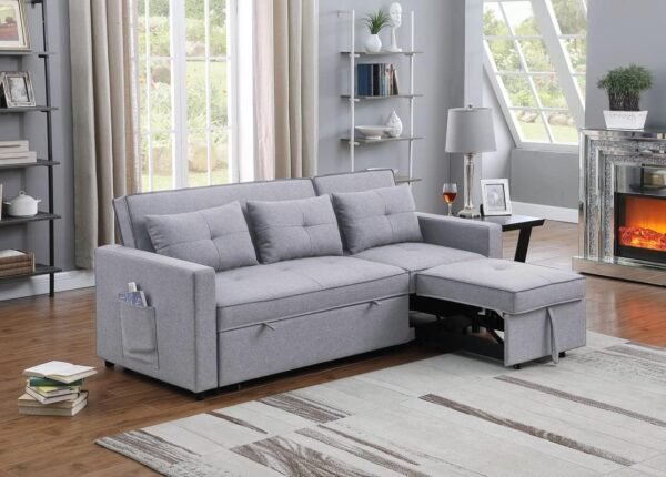 SONGG 80'' L-Shape Convertible Sleeper Sectional Sofa with Recliner, Pull-Out Bed, Side Pocket and Tufted Cushions, 3 Person Linen Corner Couch forLiving Room, Apartment, Offce, 80, Light Gray