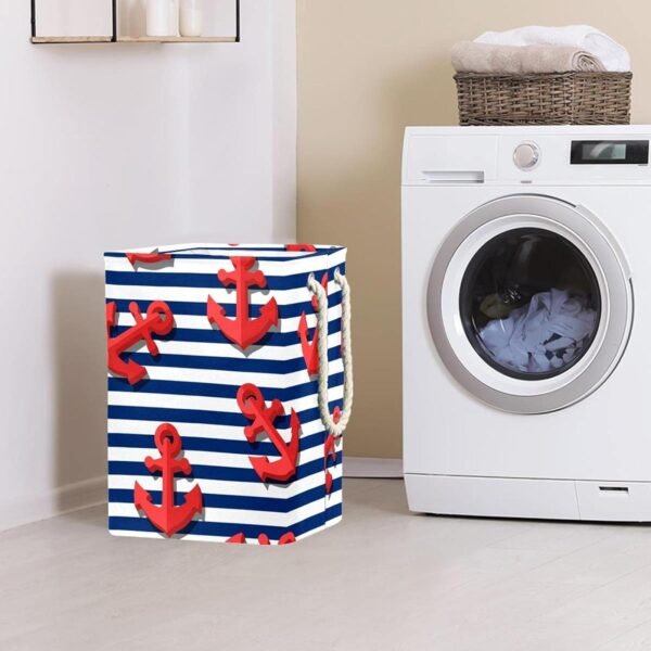 Laundry Basket With Handles Waterproof Collapsible Laundry Hamper For Storage Bins Kids Room Home Organizer Nautical Ocean Stripe Red Anchor , 19.3x11.8x15.9 In, Multicolor - Image 2