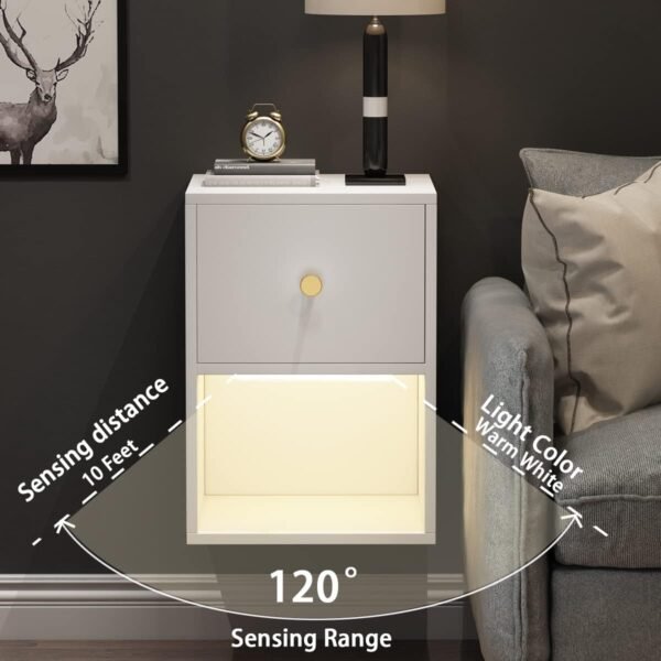 Floating Nightstand with Motion Sensor Light Wall Mounted Shelf with Drawer and Open Storage Shelf - Image 2
