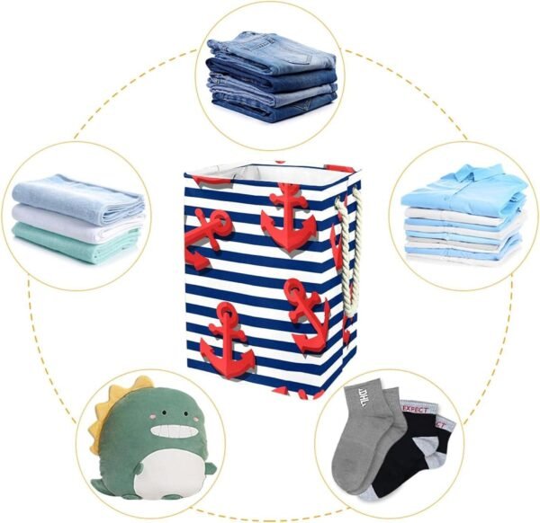 Laundry Basket With Handles Waterproof Collapsible Laundry Hamper For Storage Bins Kids Room Home Organizer Nautical Ocean Stripe Red Anchor , 19.3x11.8x15.9 In, Multicolor - Image 4