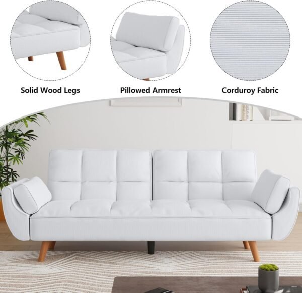 Betoko Futon Sofa Bed Modern Convertible Sleeper Sofa, Corduroy Twin Size Futon Couch Comfy Recliner Loveseat Sofa with Adjustable Backrest for Living Room Small Spaces (White) - Image 5