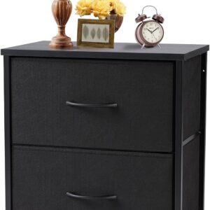 Sweetcrispy Nightstand Small Dresser with 2 Fabric Drawers Side Bedroom End Table Kids Bedside Storage Furniture for 20″ Tall Night Stand for Closet, Entryway, College Dorm, Black