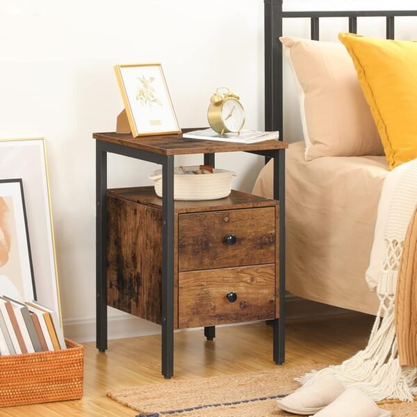 HOOBRO Nightstand, Bedside Table with 2 Drawers and Storage Shelves, Side End Table, Sofa Table for Living Room, Bedroom, Accent Furniture, Easy Assembly, Rustic Brown and Black BF43BZ01G2 - Image 4