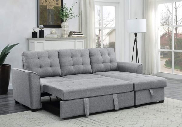 90.5" L Shaped Sectional Sleeper Sofa with Reversible Storage Chaise, Linen Couch Pull Out Bed for Living Room, Small Space, Apartment, Light Gray - Image 2