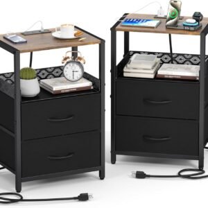 Night Stand Set 2 with Drawers, Beside Tables Bedroom with Charging Station,2 USB Ports and Outlets,Nightstands Set of 2 for Sofa, Living Room,Dorm, Apartments,Small Space (Black)