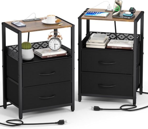 Night Stand Set 2 with Drawers, Beside Tables Bedroom with Charging Station,2 USB Ports and Outlets,Nightstands Set of 2 for Sofa, Living Room,Dorm, Apartments,Small Space (Black)