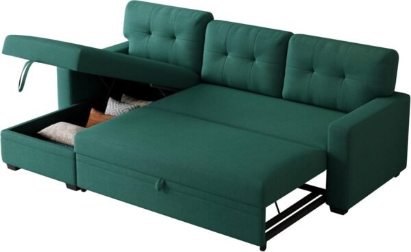 Upholstered Pull Out Sectional Sofa with Storage Chaise,Linen Loveseat w/Removable Back Cushions,Can Be Converted into a Twin Size Sleeper,for Guest Room,Living Room,82",Green - Image 6
